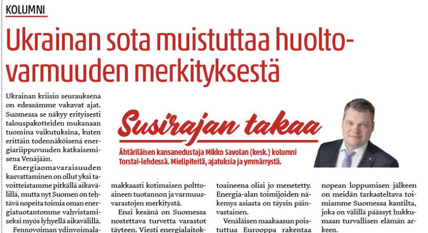 Ukrainan sota muistuttaa huoltovarmuuden merkityksestä  