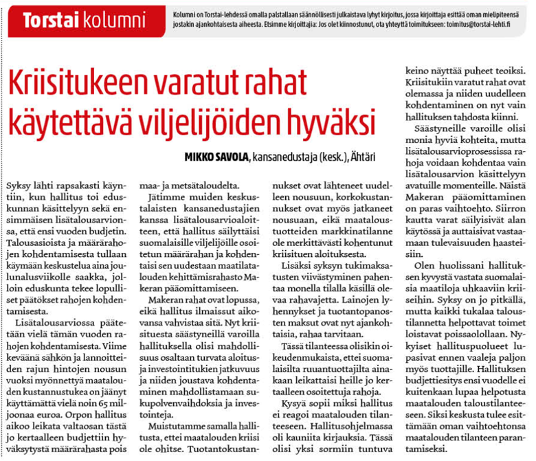 Kriisitukeen varatut rahat käytettävä viljelijöiden hyväksi