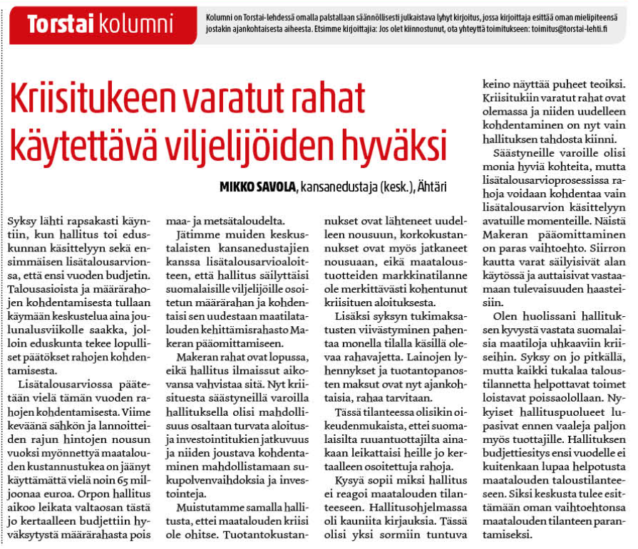 Kriisitukeen varatut rahat käytettävä viljelijöiden hyväksi