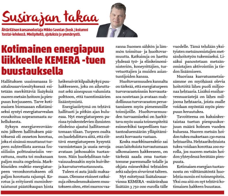 Kotimainen energiapuu liikkeelle KEMERA -tuen buustauksella