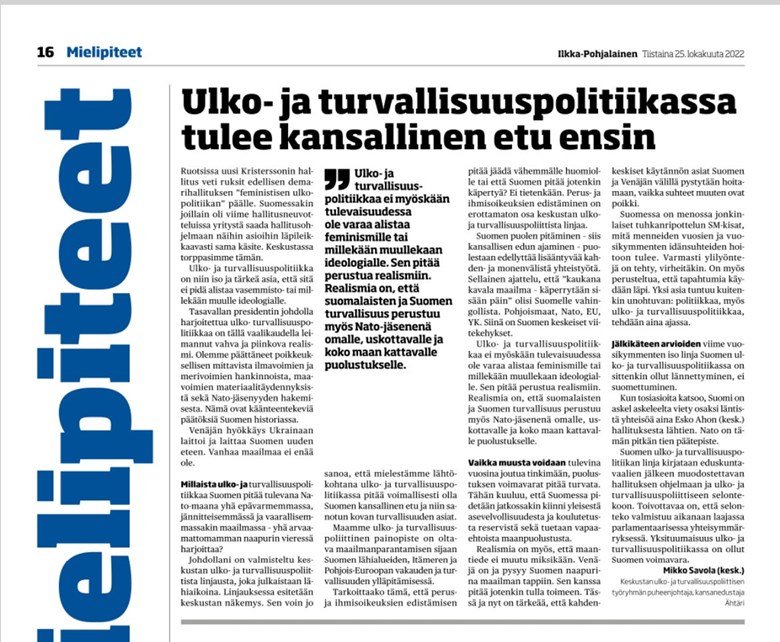 Ulko- ja turvallisuuspolitiikassa tulee kansallinen etu ensin